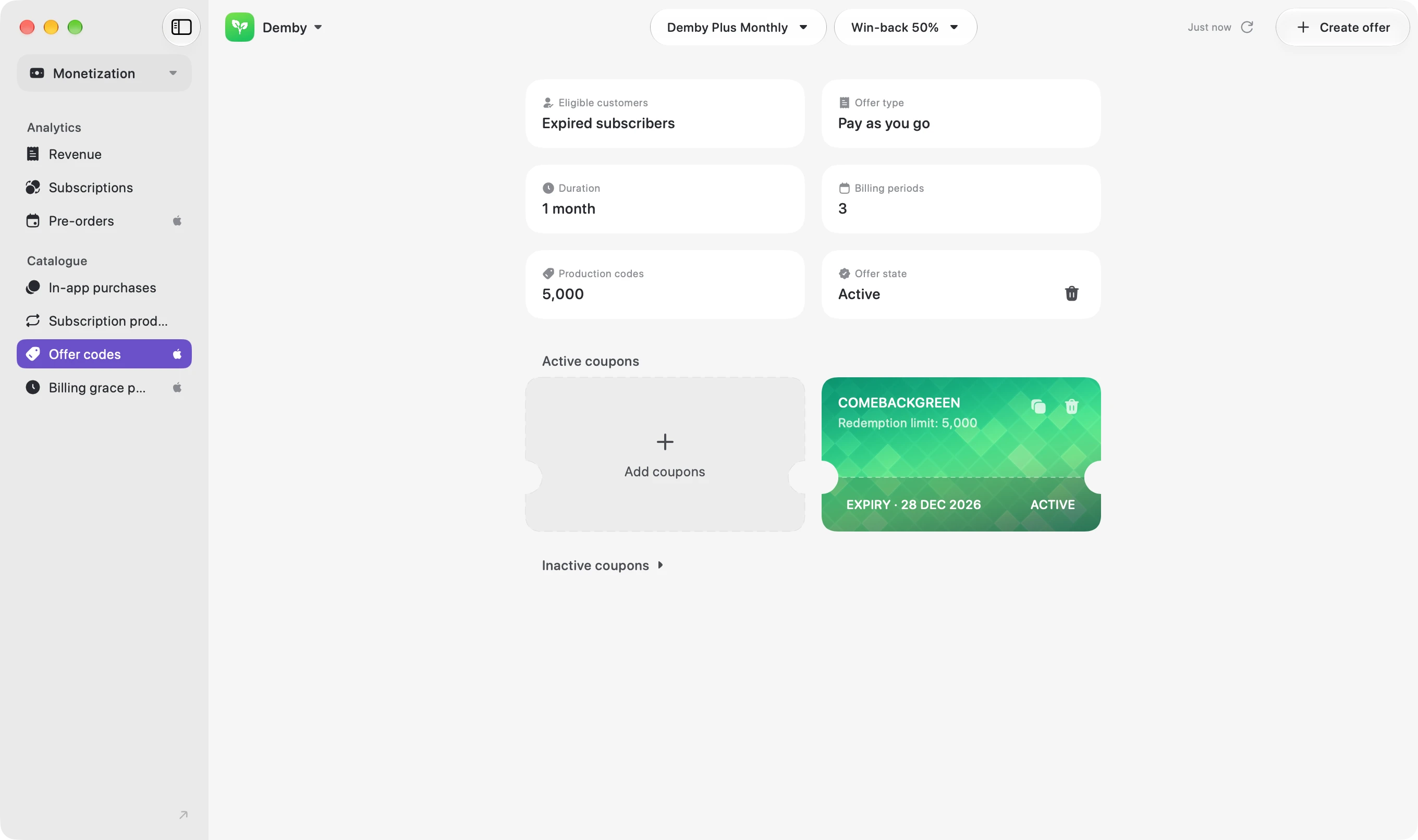 Thimble’s offer codes screen for a win-back offer on a monthly subscription, with its eligibility, duration and code count, and an active coupon.