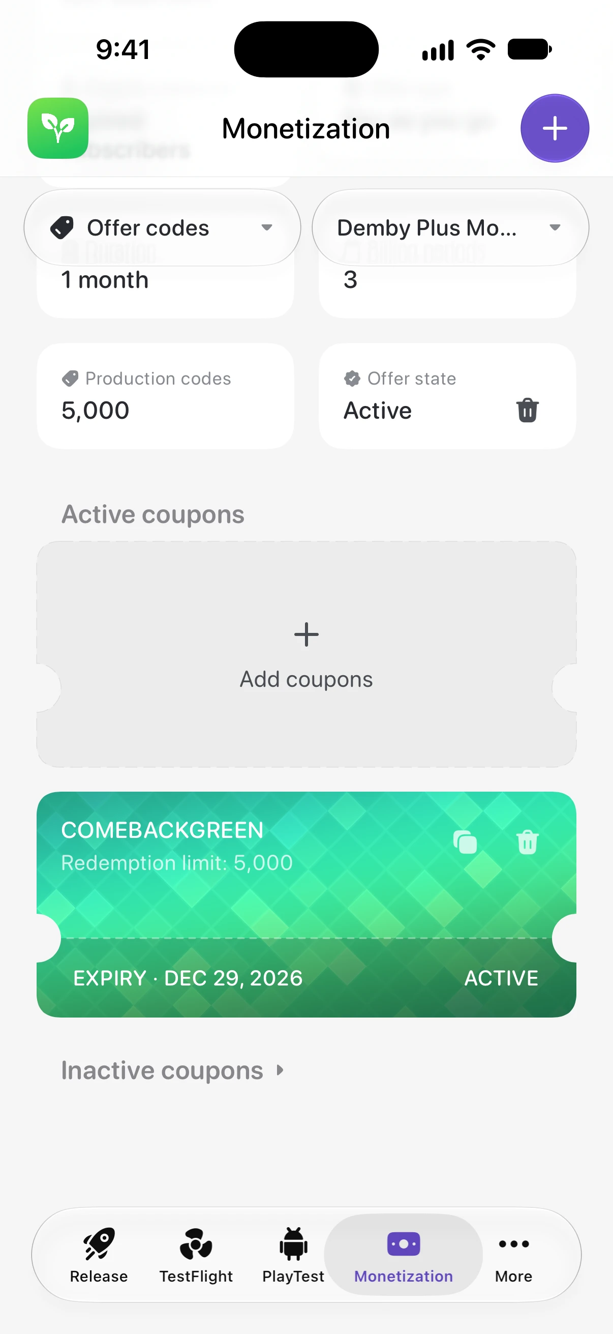 Thimble’s offer codes screen on iPhone for a win-back offer, with its duration, code count and an active coupon.