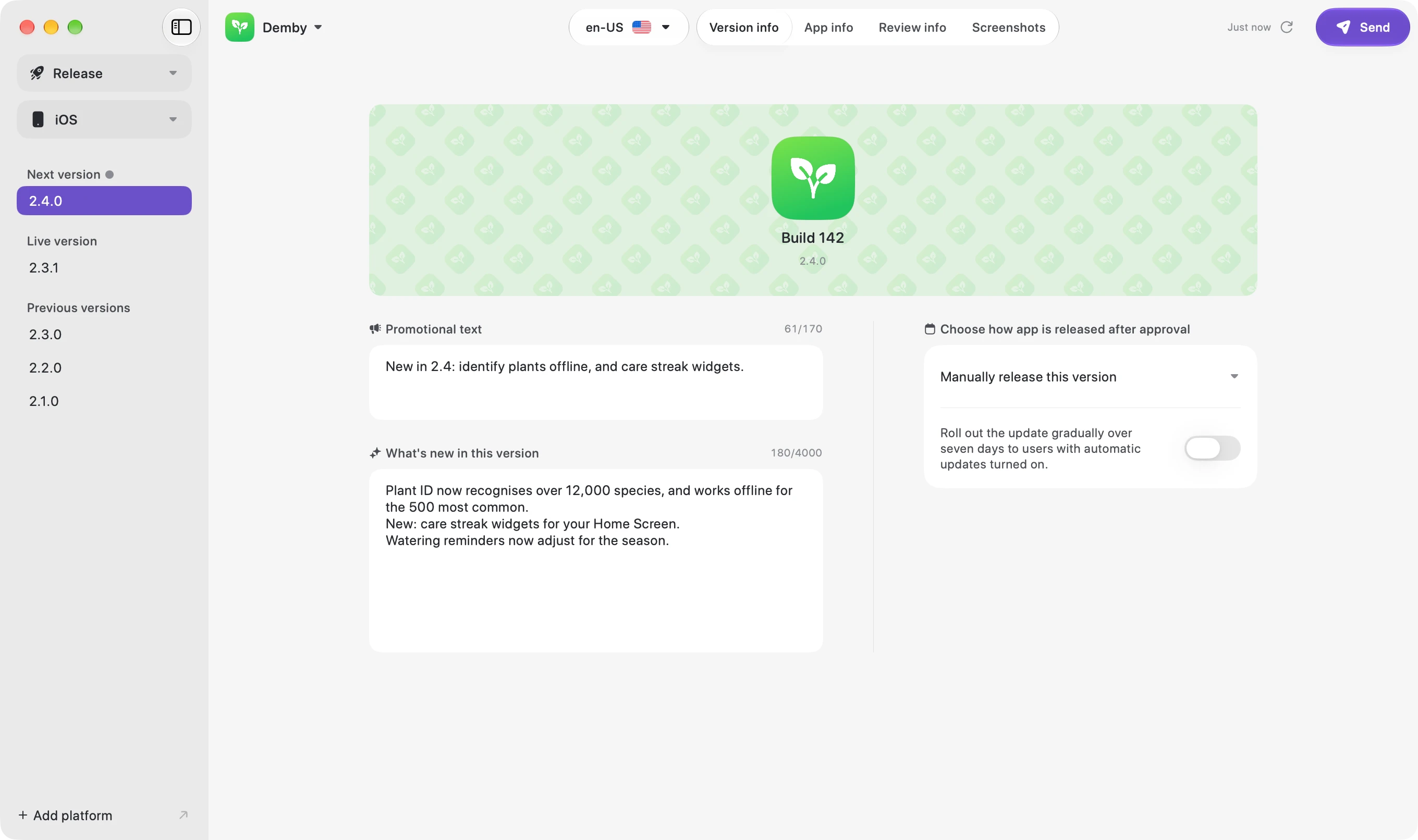 Thimble’s release screen for version 2.4.0 of a sample app, showing its build, promotional text, what’s new and release options, with a Send button in the toolbar.