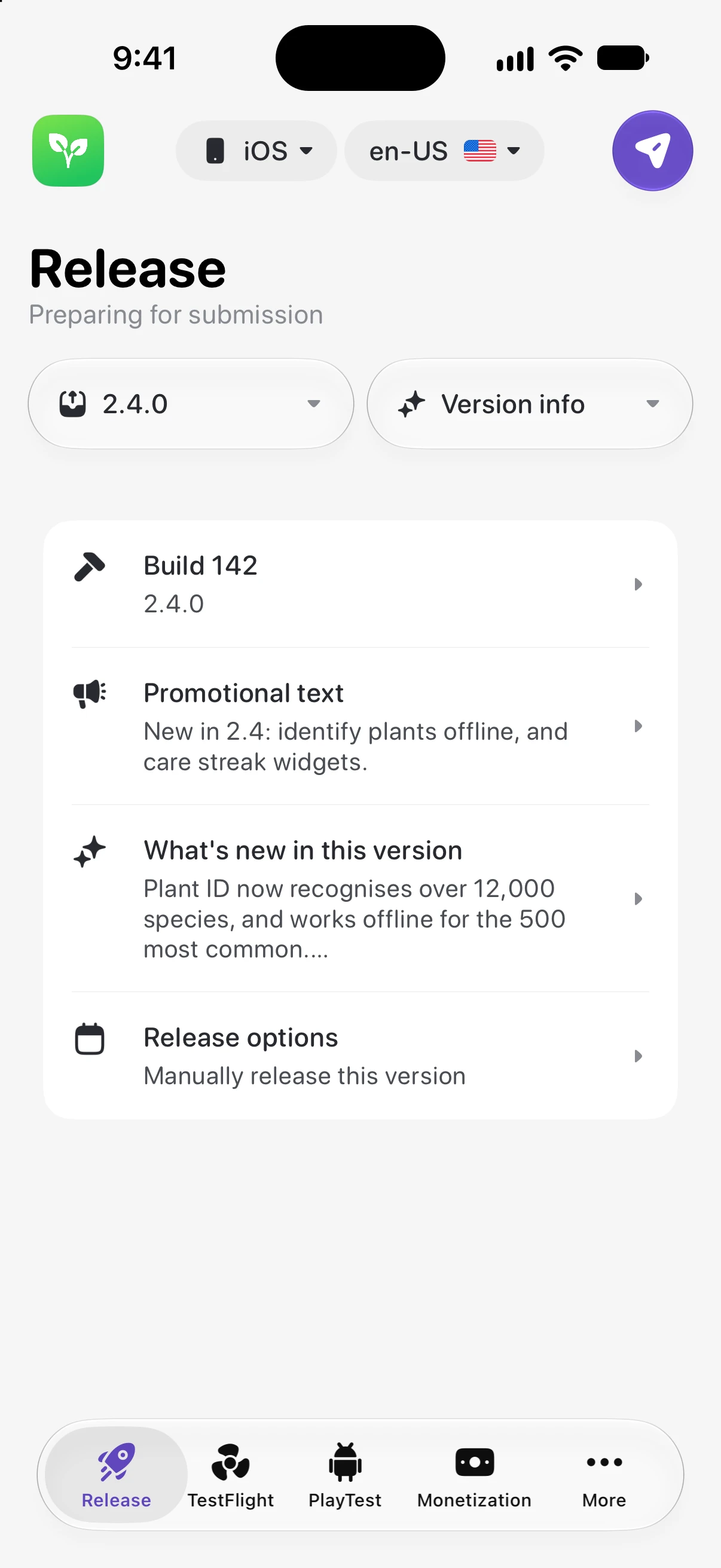Thimble’s release screen on iPhone for version 2.4.0 of a sample app, with its build, promotional text, what’s new and release options, and a send button.