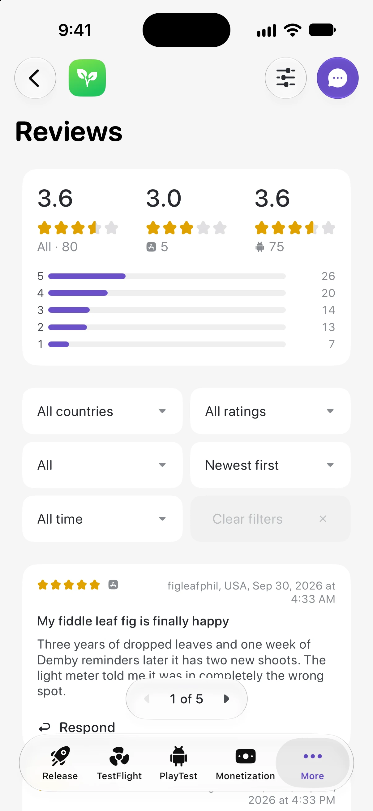 Thimble’s reviews screen on iPhone, with average ratings for both stores, filters and the latest review.