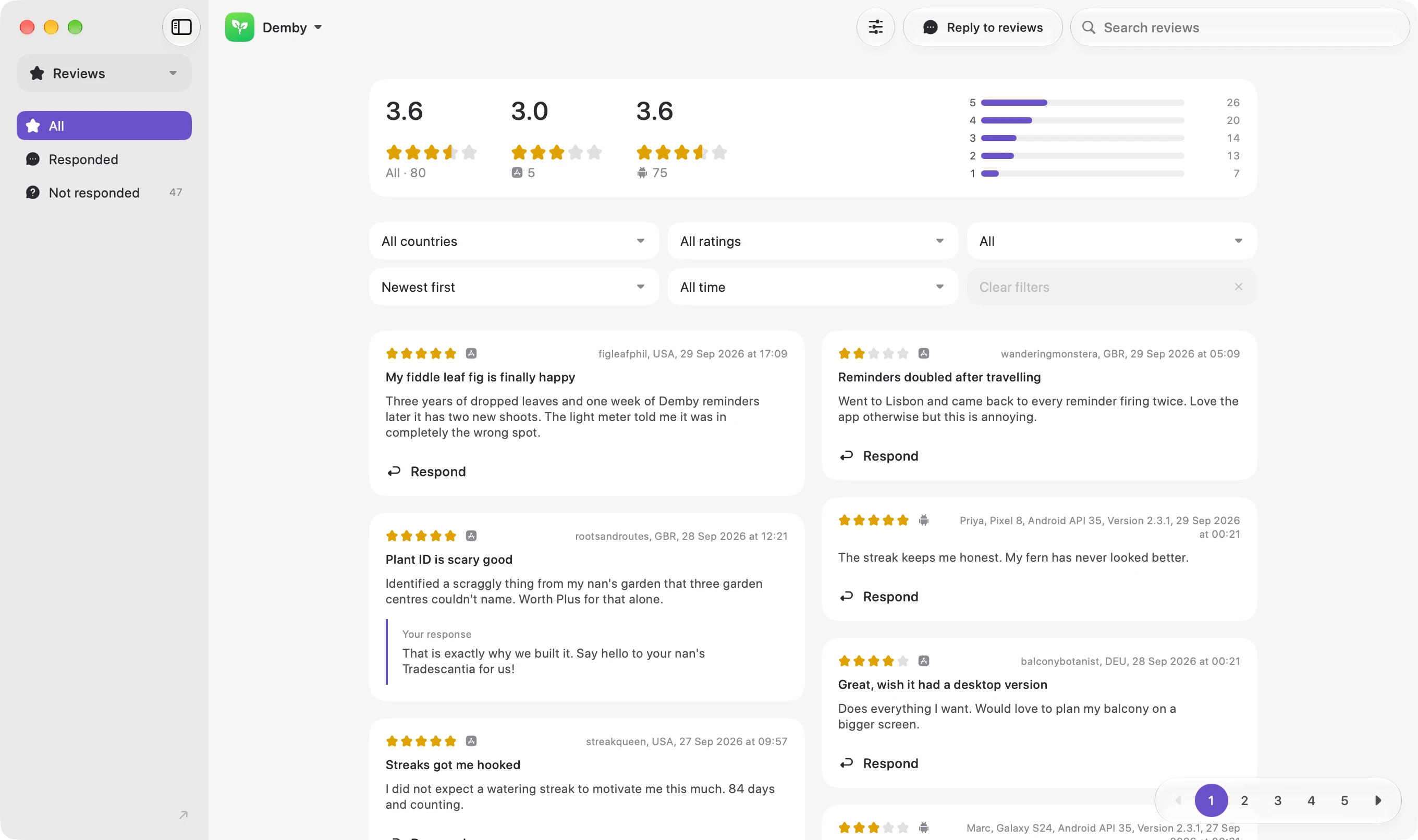 Thimble’s reviews screen, with average ratings for both stores, filters, and review cards from App Store and Google Play reviewers, one with a reply.