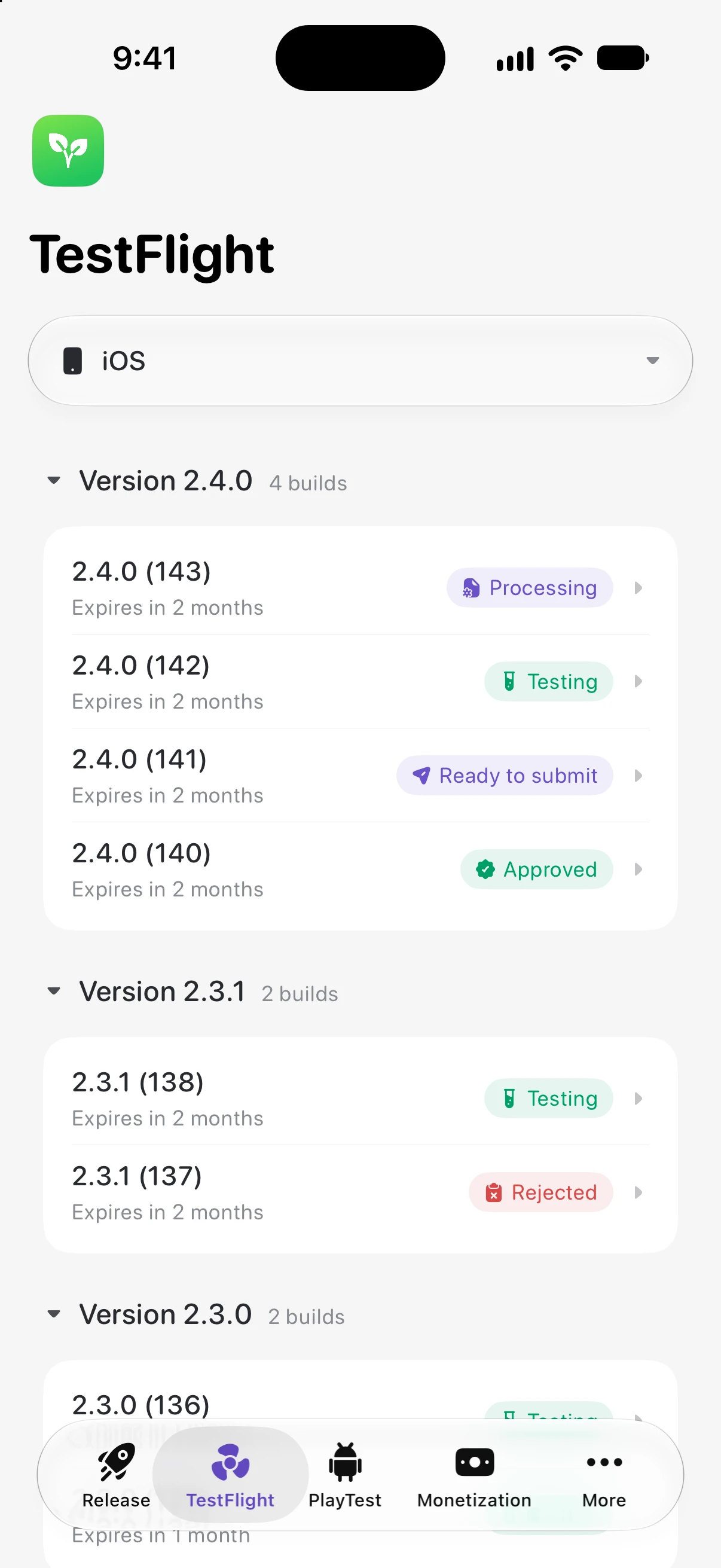 Thimble’s TestFlight builds on iPhone, grouped by version, each with a status such as Processing, Testing, Ready to submit, Approved or Rejected.