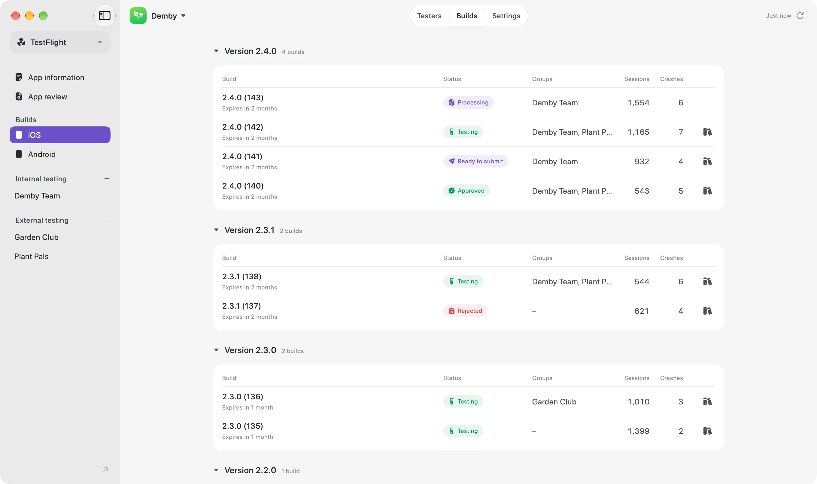 Thimble’s TestFlight builds, grouped by version, each with a status such as Processing, Testing, Ready to submit, Approved or Rejected, and its tester groups, sessions and crashes.